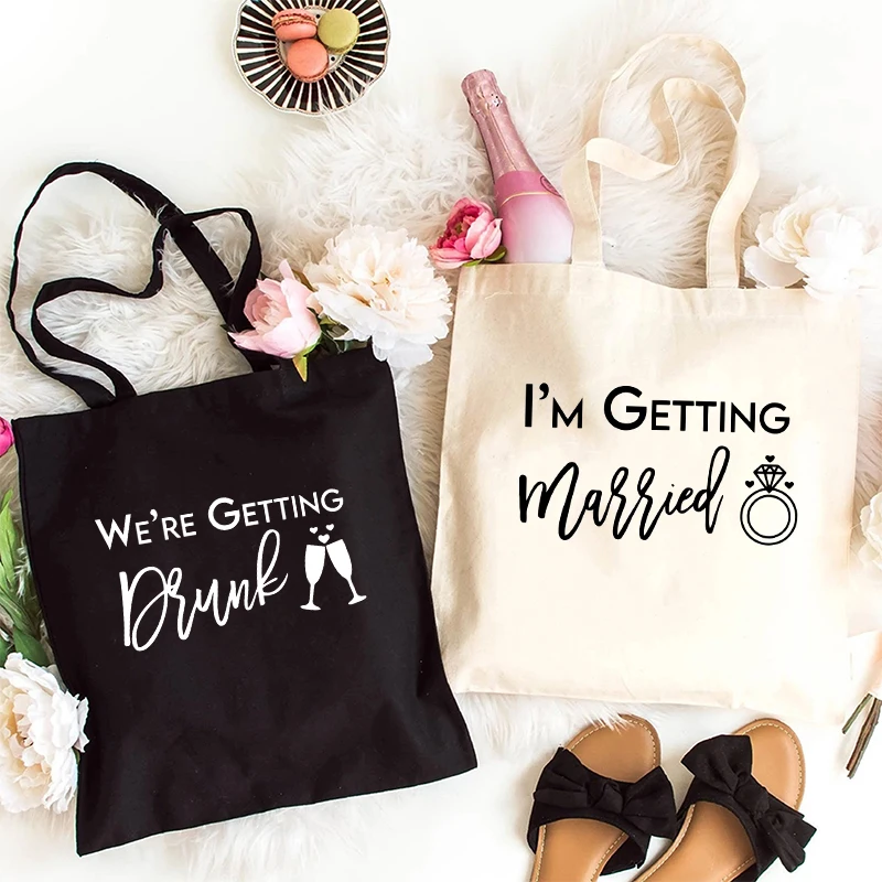 I'm Getting Married Bridal Shower Canvas Tote Bag We Getting Drunk Handbag Team Bride Bachelorette Party Shoulder Shopping Bags