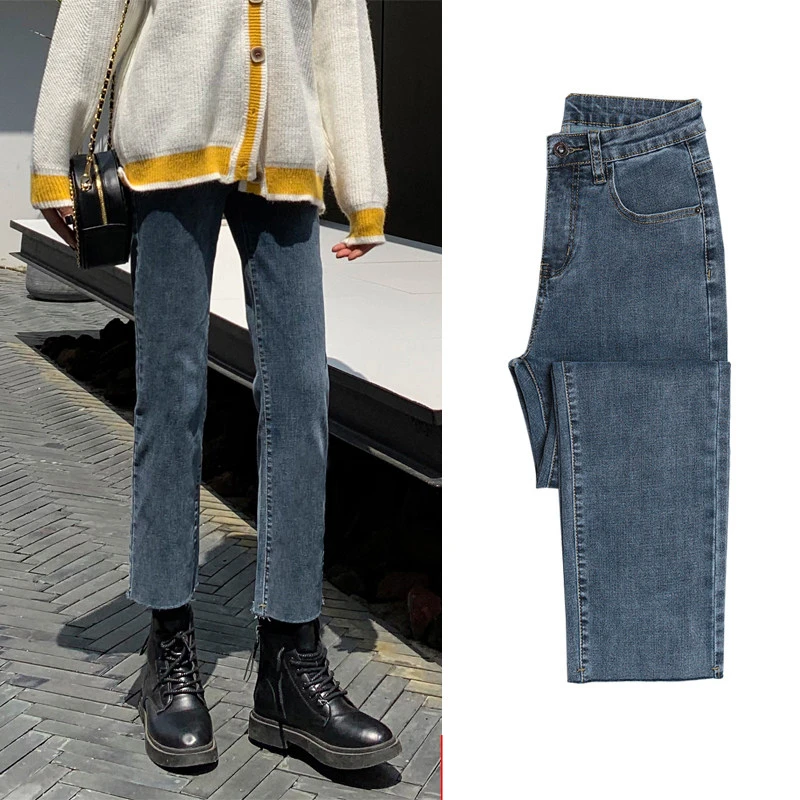 

Light Blue Grey Women's Loose Slimming Denim Jeans High Waist Stretchy Ankle-Length Straight Leg Pants Versatile for Students