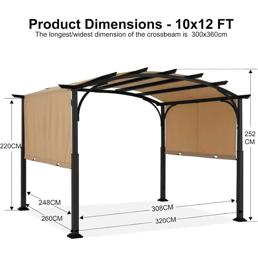 10x12ft Arched Outdoor Pergola with Beige Retractable Canopy