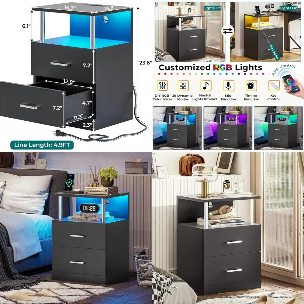 

Комплект из 2 черных прикроватных тумбочек с зарядной станцией, USB-портами, светодиодной подсветкой и открытыми отсеками для хранения для спальни или офиса