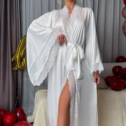 Women Satin Sleepwear Dressing Robe Soft Silk Long Bathrobe Cozy Pajamas White Robe Half Sleeve Lace Bathrobe Sexy Lingerie