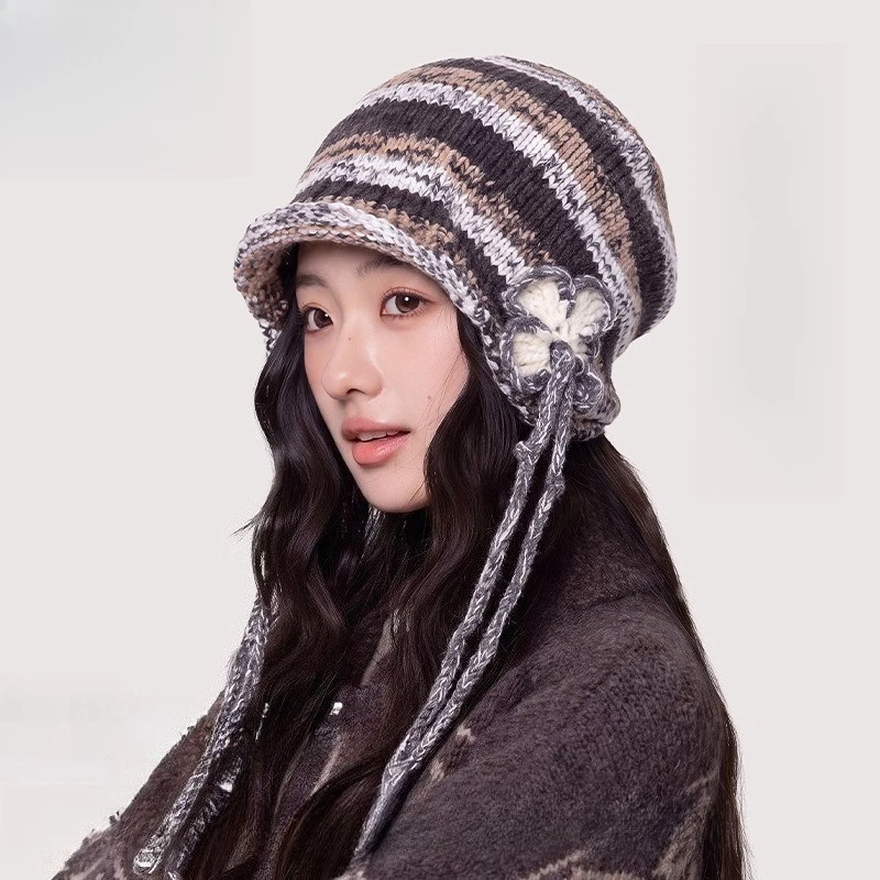 Xiaohongshu Foreign Style Age-reducing Flower Ears Striped Colored Knitted Hat Girls Autumn and Winter Cute Pullover Pile Hat