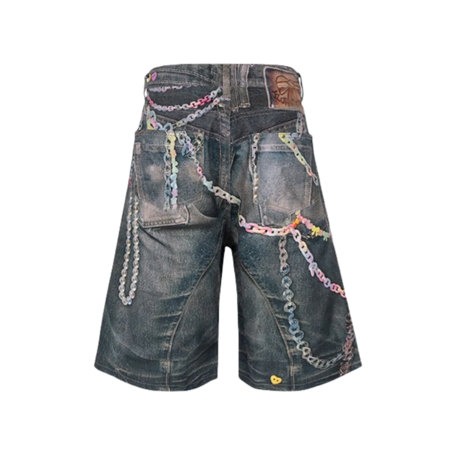Fashion Print Denim Shorts Mens Streetwear Hip Hop Washed Jeans Short Men Harajuku Vintage Baggy Knee Length Pants Male