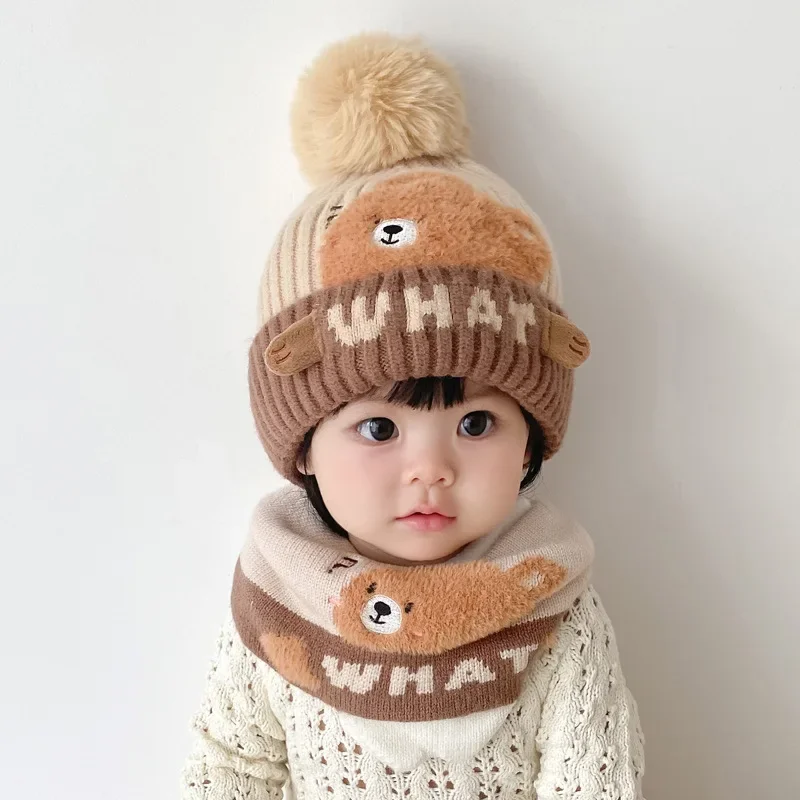 Baby Hat Winter New Cute Dinosaur Knitted Beanies Cap+Scarf 2pcs Infant Toddler Warm Thicken Hooded Hats Cartoon Children Sets