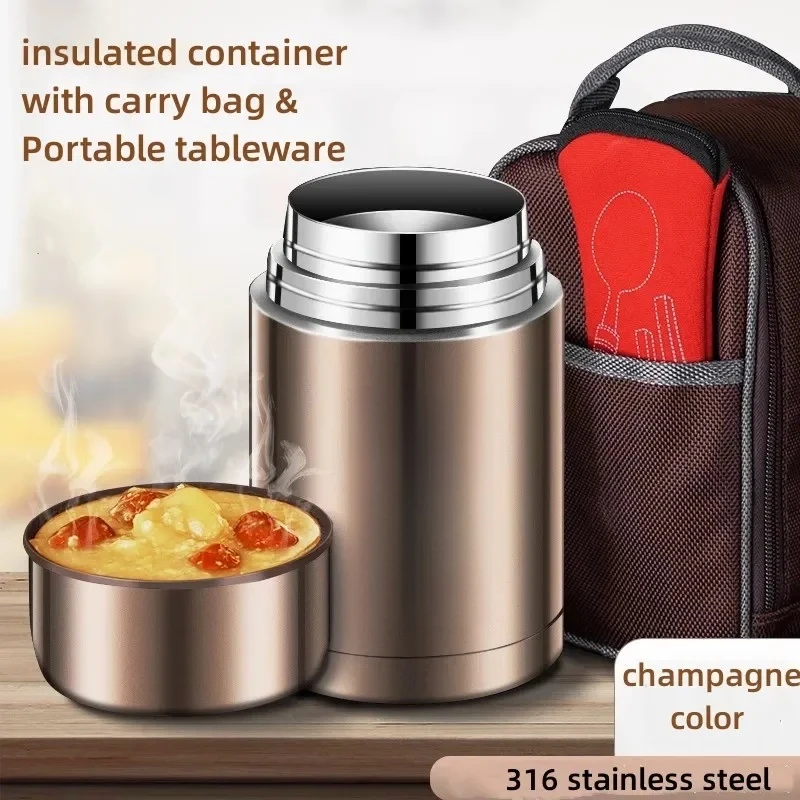 

600/800/1000Ml Thermos, 316 Stainless Steel Vacuum Food Jar Spoon Kid Lunch Box With Insulated Carry Bag
