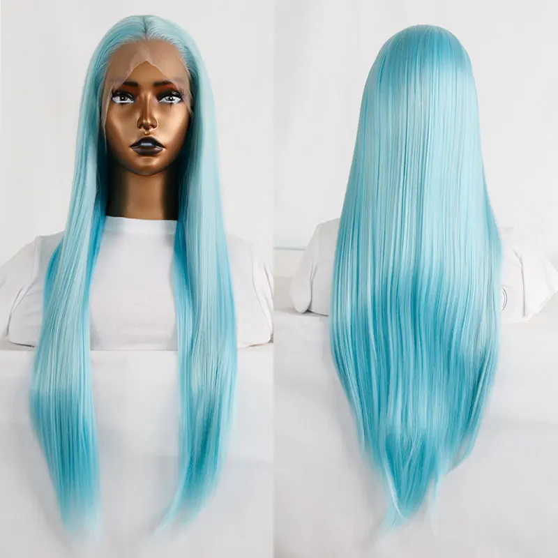 

Bombshell Sky Blue Straight Synthetic Lace Front Drag Queen Wigs Glueless High Quality Luxe Heat Resistant Fiber Hair For Women