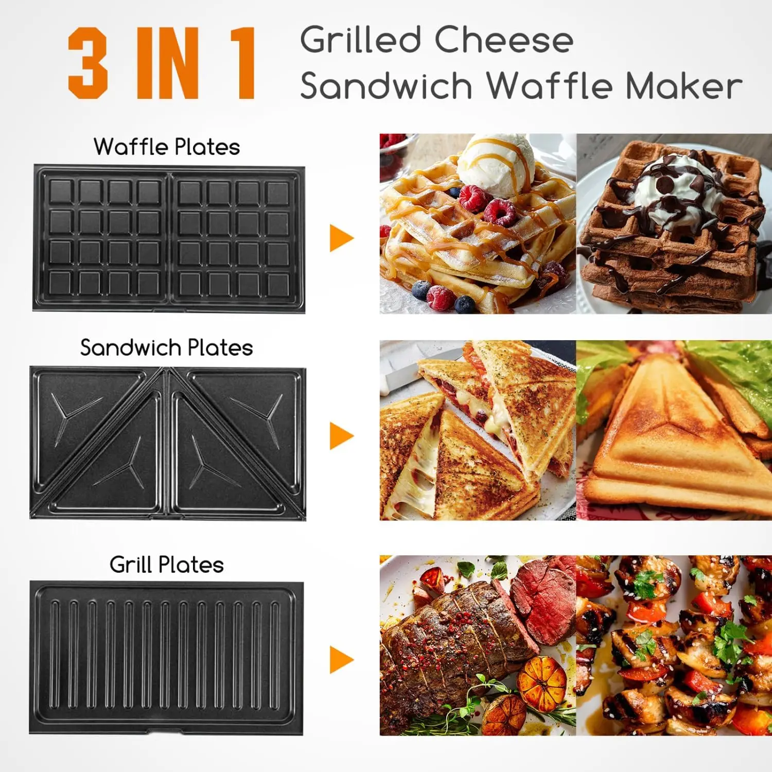 Sandwich Maker Panini Press Grill, 3 in 1 Waffle Maker with Removable Non-stick Plates, Electric Grilled Cheese Maker, 750W