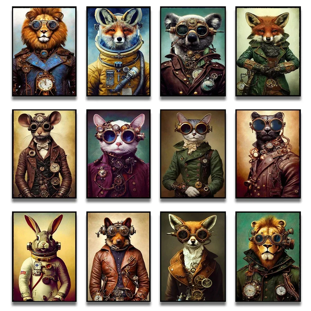 Steampunk Animal Canvas Painting Wall Art Funny Sci-Fi Cat Dog Tiger Lion Wolf Aviator Poster Prints For Living Room Home Decor