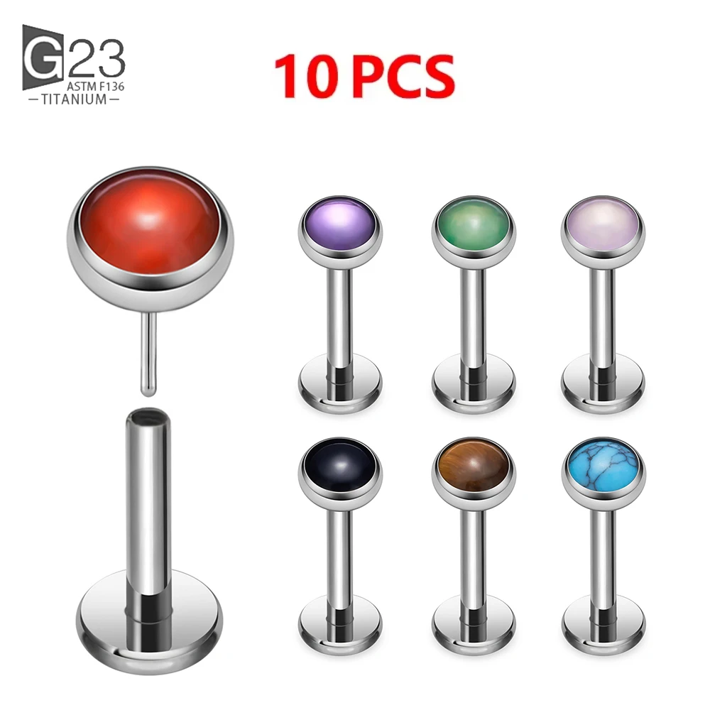 

10 шт. G23 титановые круглые иглы серьги-гвоздики для ушей и губ с натуральным камнем, серьги-гвоздики для языка, носа, ювелирные изделия для пирсинга