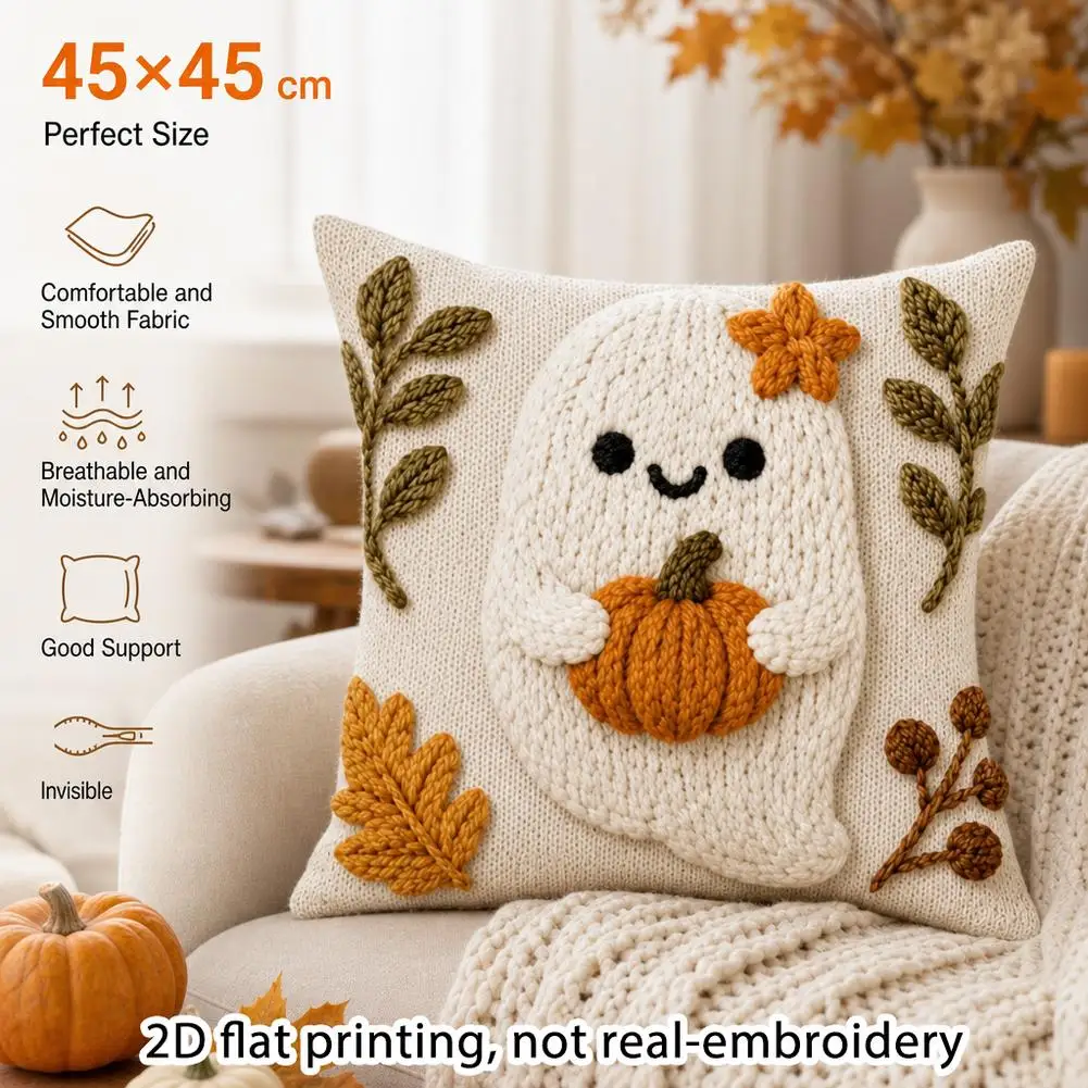 2D Flat Print Autumn Cartoon Halloween Rustic Throw Pillow Covers, Cute Ghost Pumpkin Maple Leaf Cushion Covers