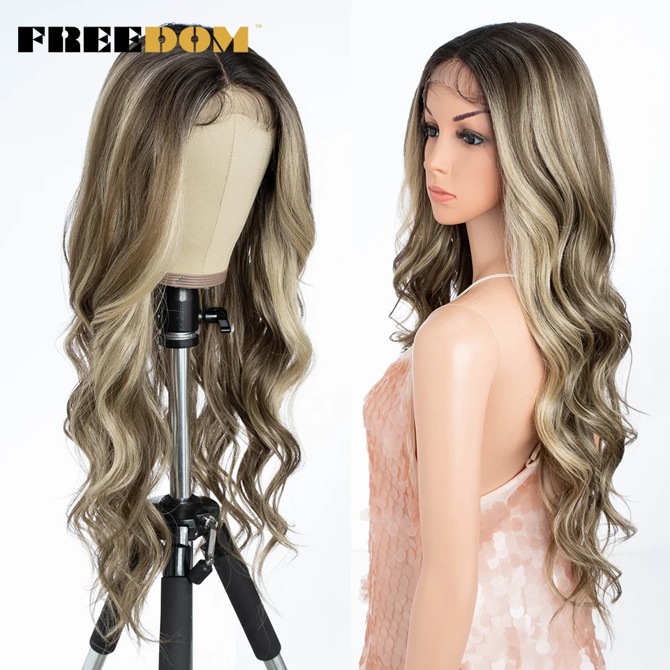 

FREEDOM Synthetic Lace Front Wigs For Women Long Body Wave Lace Wig With Baby Hair Ombre Brown White Cosplay Wigs Heat Resistant