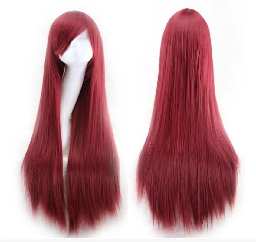 80cm Straight Sleek Long Full Hair Side Bangs Wine Red Synthetic Wig