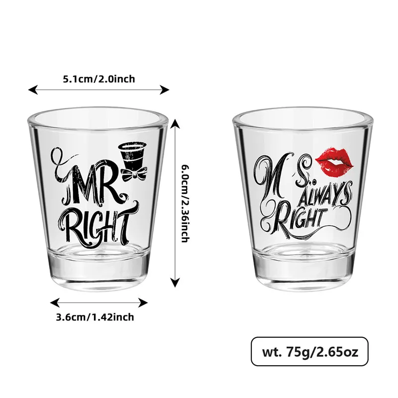 Funny Clear Couple Wine Cup 60ml/2oz Shot Glasses Ms Always Right Mr Right Design Cup Valentine's Day/Anniversary/Wedding Gift