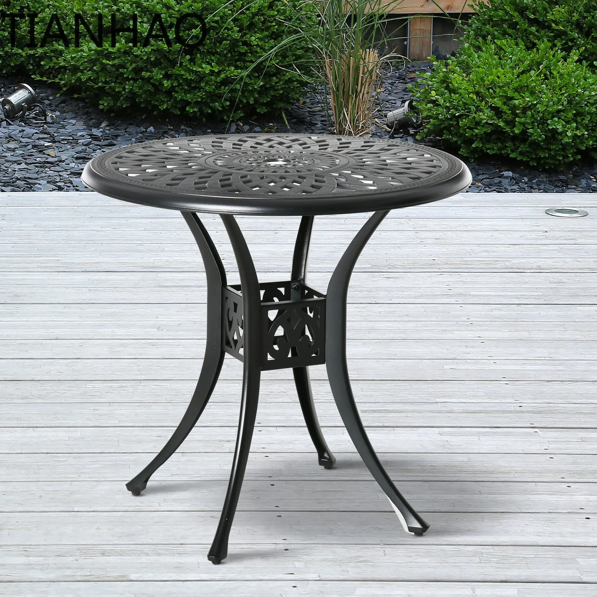 78 cm Round Garden Dining Table with Parasol Hole Antique Cast Aluminium Outdoor Table Only, Black