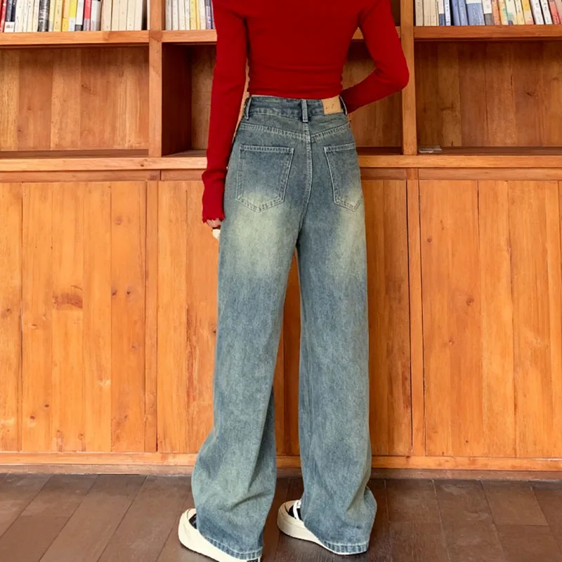 กางเกงยีนส์ผู้หญิงสไตล์วินเทจอเมริกัน Y2K ปี 2025 ทรงขากว้างเอวสูง ซับในขัดเงา ช่วยให้ดูผอมลง