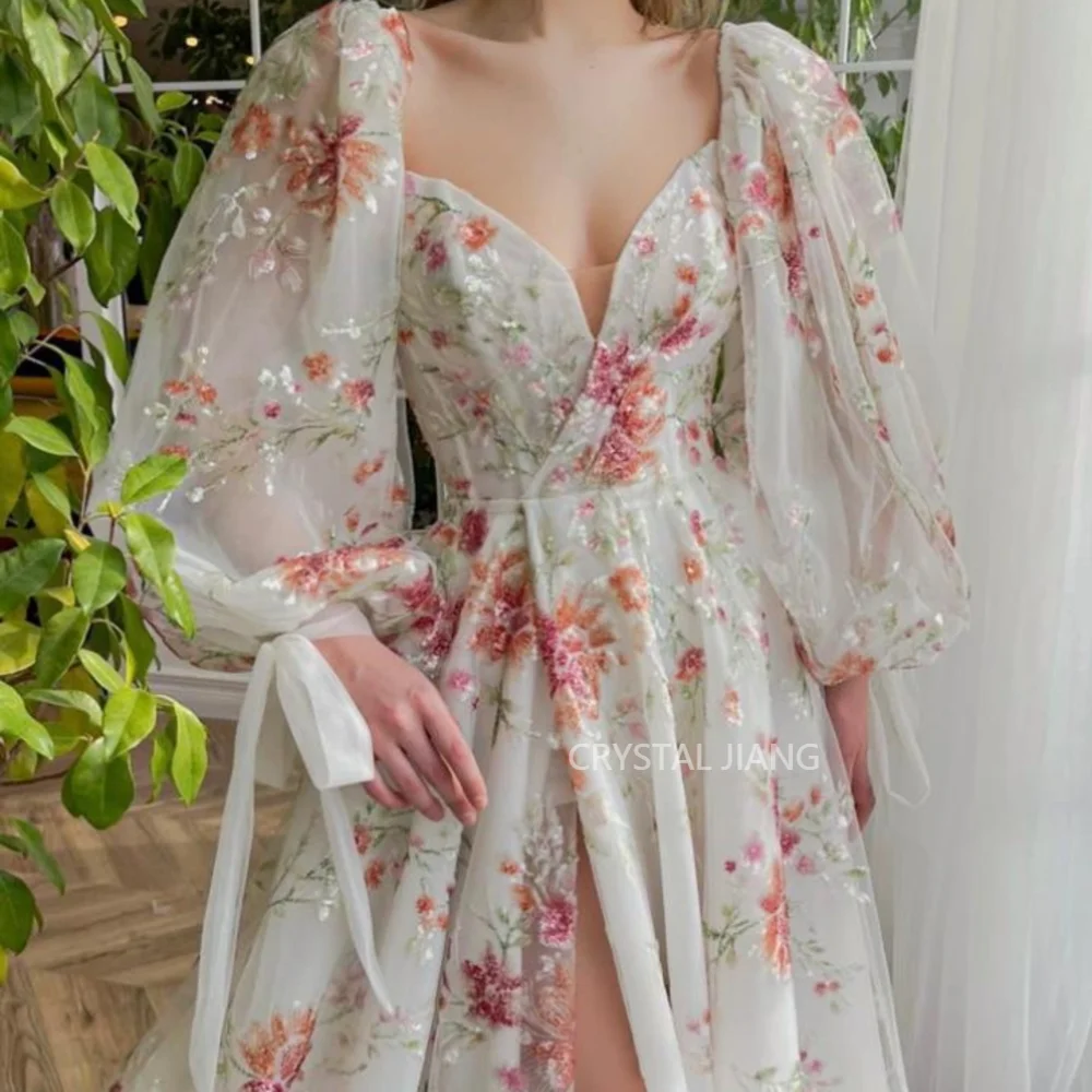 Exquisite Prom Dresses V Neck with Full Puffy Sleeves with Handmade Wildflowers A Line Sweep Train with Slit فساتين سهره