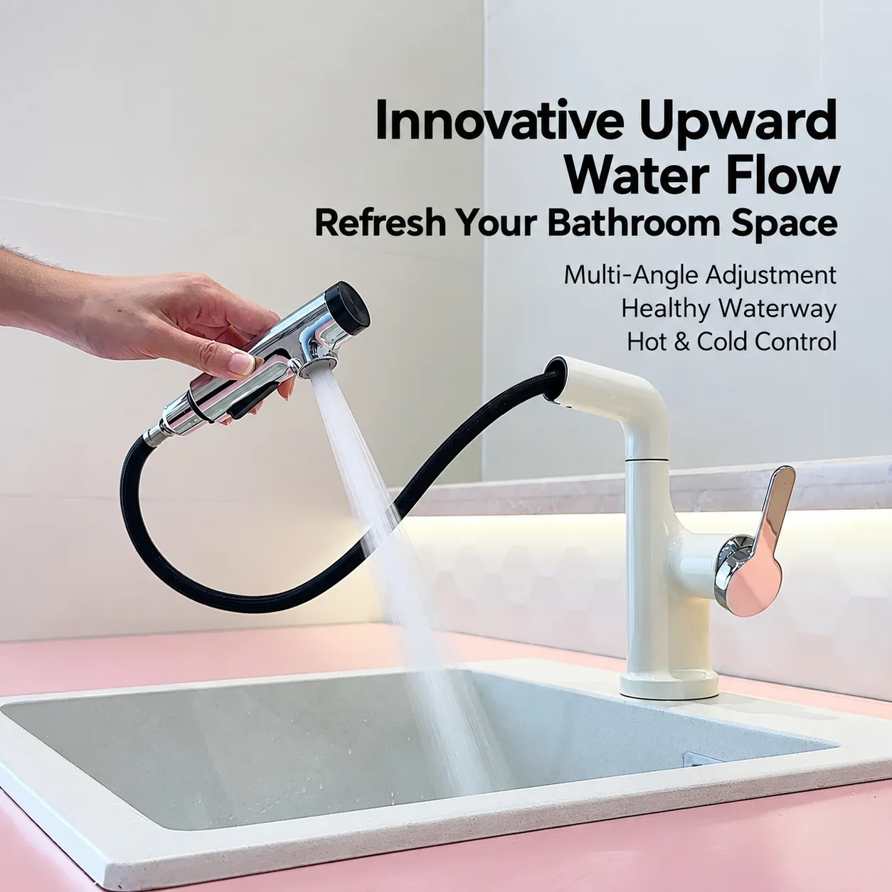 Dopamine Cream White Basin Faucet Pull Out Mouthwash Fountain Tap Hot Cold Mixer Rustproof Deck Mounted Bathroom Vanity Tap