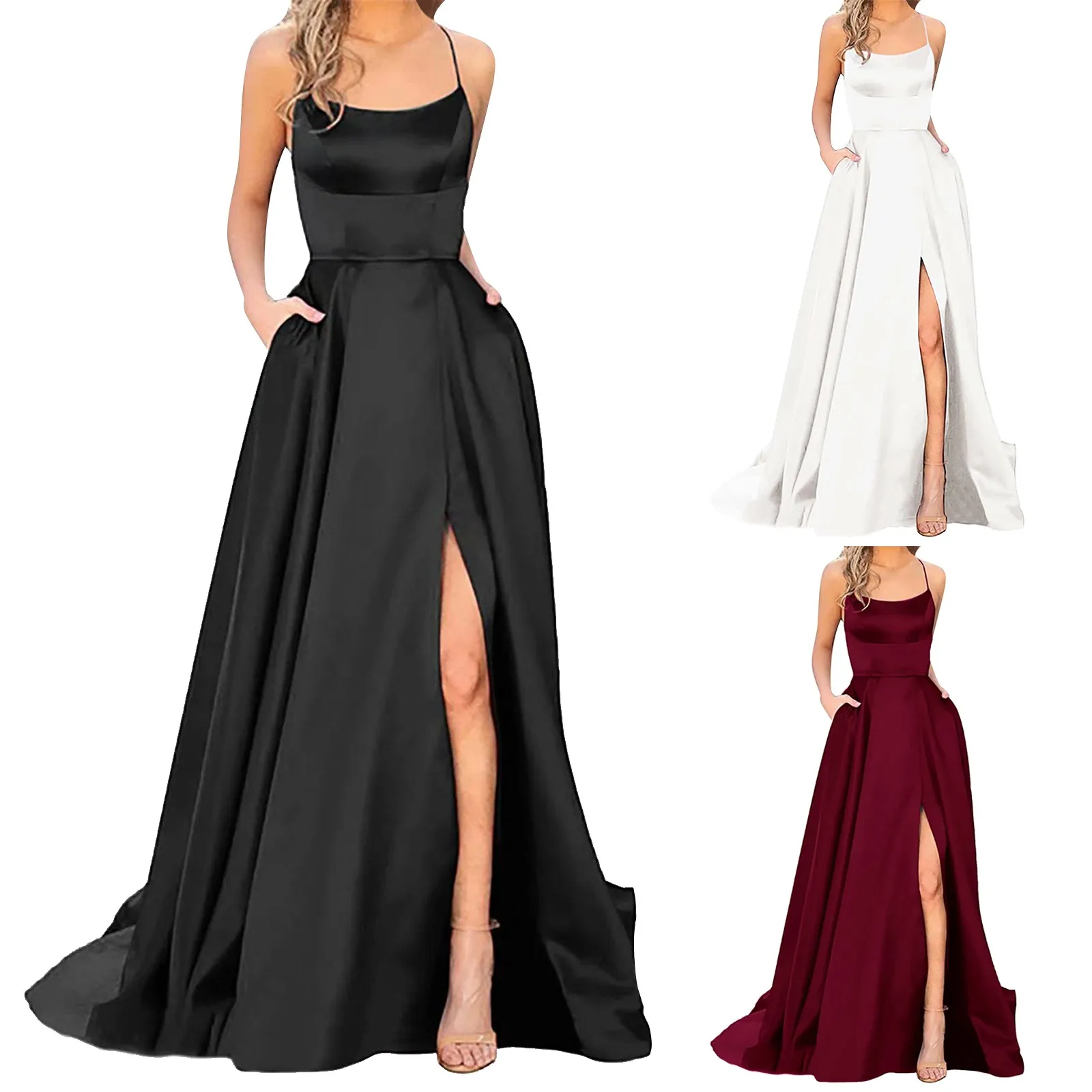 Vestido largo de satén para mujer, prenda elegante con espalda descubierta, espagueti, Sexy, Formal, para fiesta de graduación