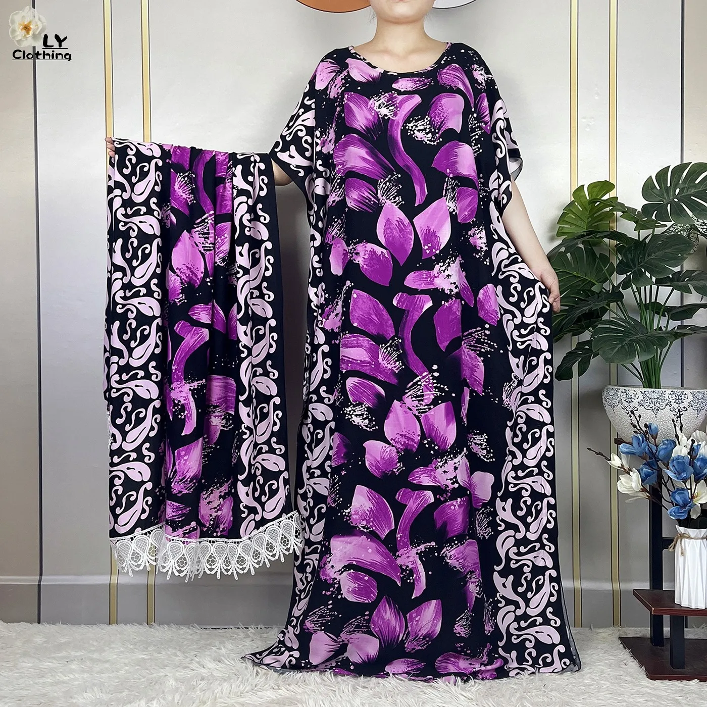 2023 African Summer Short Sleeve Dress With Big Scarf Print Floral Cotton Loose Caftan Lady Maxi Muslim Casual Dresses Vestido