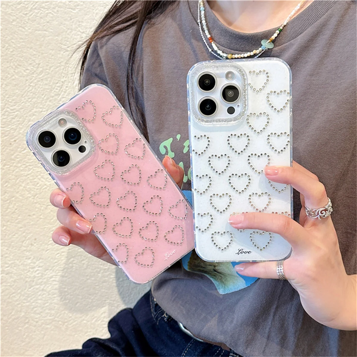 

Korean Glitter Diamong Love Heart Phone Case For iPhone 16 Pro 15 13 14 Pro Max Protective Cover Shockprood Cute Cases Capa