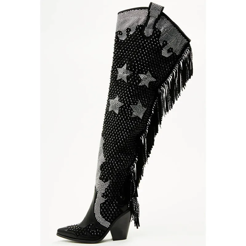 Women's Black Over The Knee Boots Fringe Rhinestone Embellishment Pointed Toe Chunky Heel Botas Music Festivals Party Lady Boot
