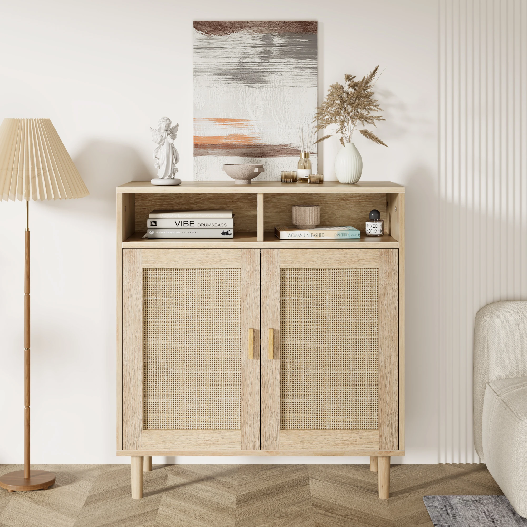 Rattan 2-Door Sideboard H90 cm Chest of Drawers Sideboard with Shelves