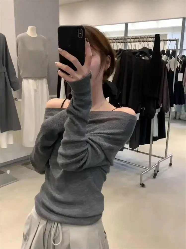 

Autumn Winter Black Off Shoulder Pullover Short Sweater Korean Chic Women Grey Elegant Long Sleeve Slim Knitted Tops Simplicity