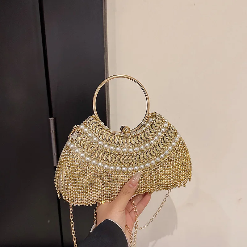 

Элегантная вечерняя сумка-клатч с французским дизайном, инкрустированная бриллиантами, круглая, с кисточкой, женская сумочка, универсальная, в форме ракушки, из полиэфирного волокна