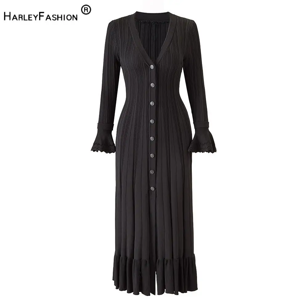 2026 New Arrival Lady Autumn Elegant Style Flared Long Sleeve V-neck Single-breasted Women Knit A-line Solid Maxi Dress
