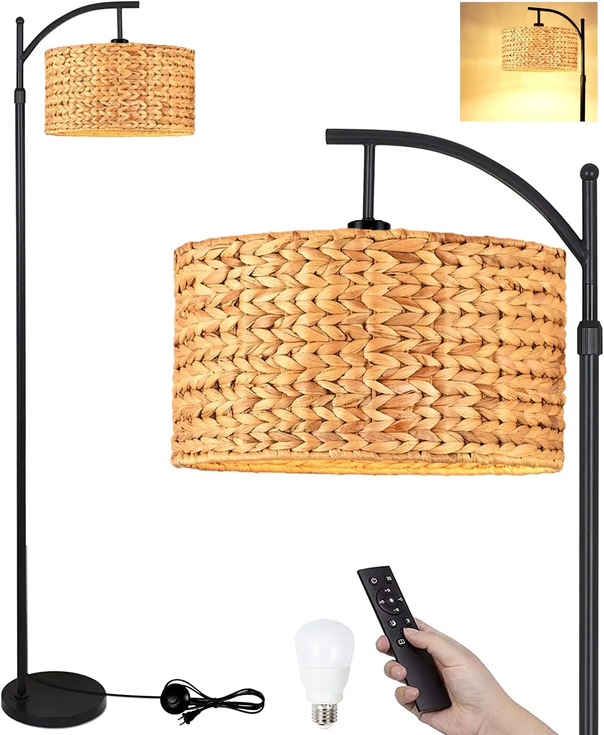 Farmhouse Arc Rattan Standing Lamp with Remote Dimmable Adjustable Tall Industrial Bohemian Floor Light for Living Room Bedroom