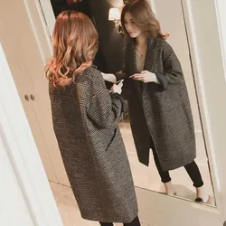 Autumn Winter Ladies Thousand Bird Grid Coat Korean Femme Over The Knee Wool Blend Outwear Women Fashion Woolen Tops Jacket