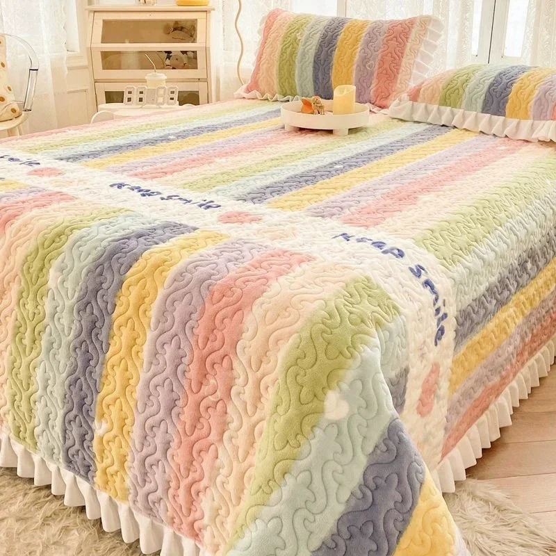 Ruffles Bed Cover Set Winter Quilted Bedspread on The Bed Linen Warm Milk Velvet Quilt Blanket Coverlet Plush Sheet Mattress