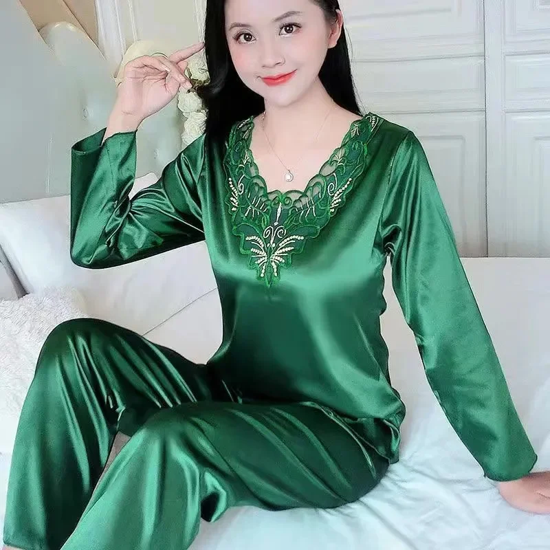 Female High-grade Home Clothing Set Summer Ladies Large Size 4XL Pajamas Two-piece Set Women Long Sleeve Silk Nightgown Outfit image 5