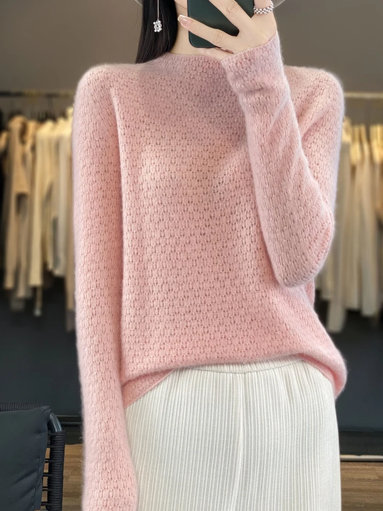 Women's Hollow Pullover Sweater 100% Merino Wool Soft Warm Basic Mock Neck Jumper Autumn Winter Female Cashmere Knitwear Fashion