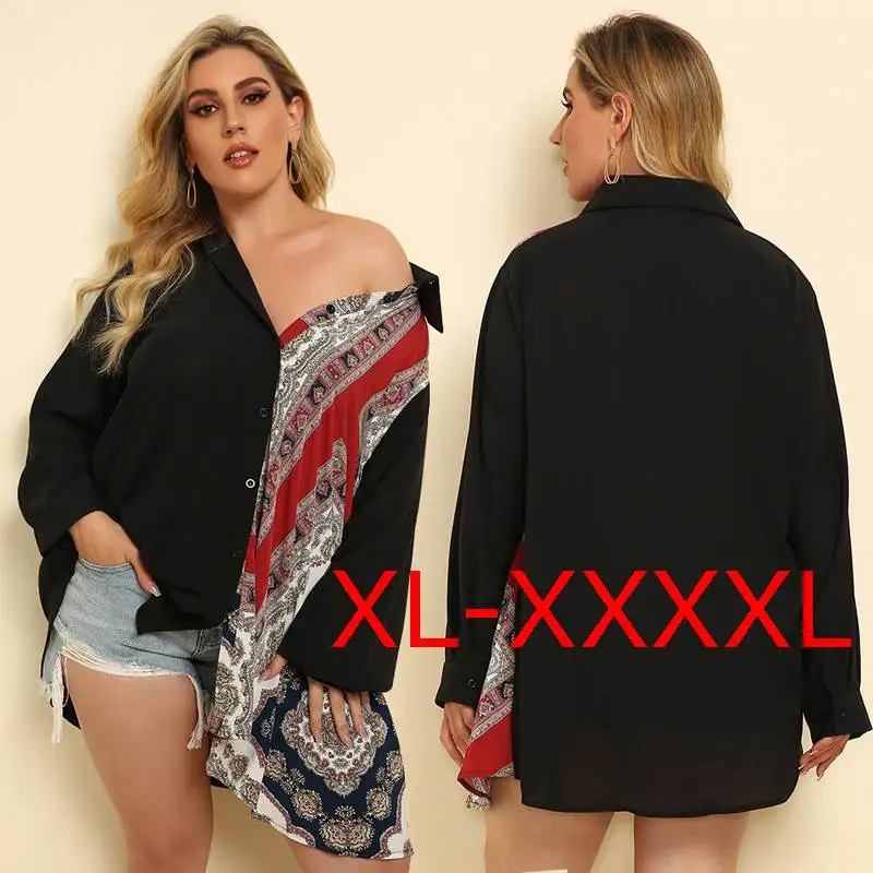

Sexy Ethnic Sle Stitching plus Size irt for Fat Women Commute Sle round Ne Long Sve Hollow out Abstract Pattern