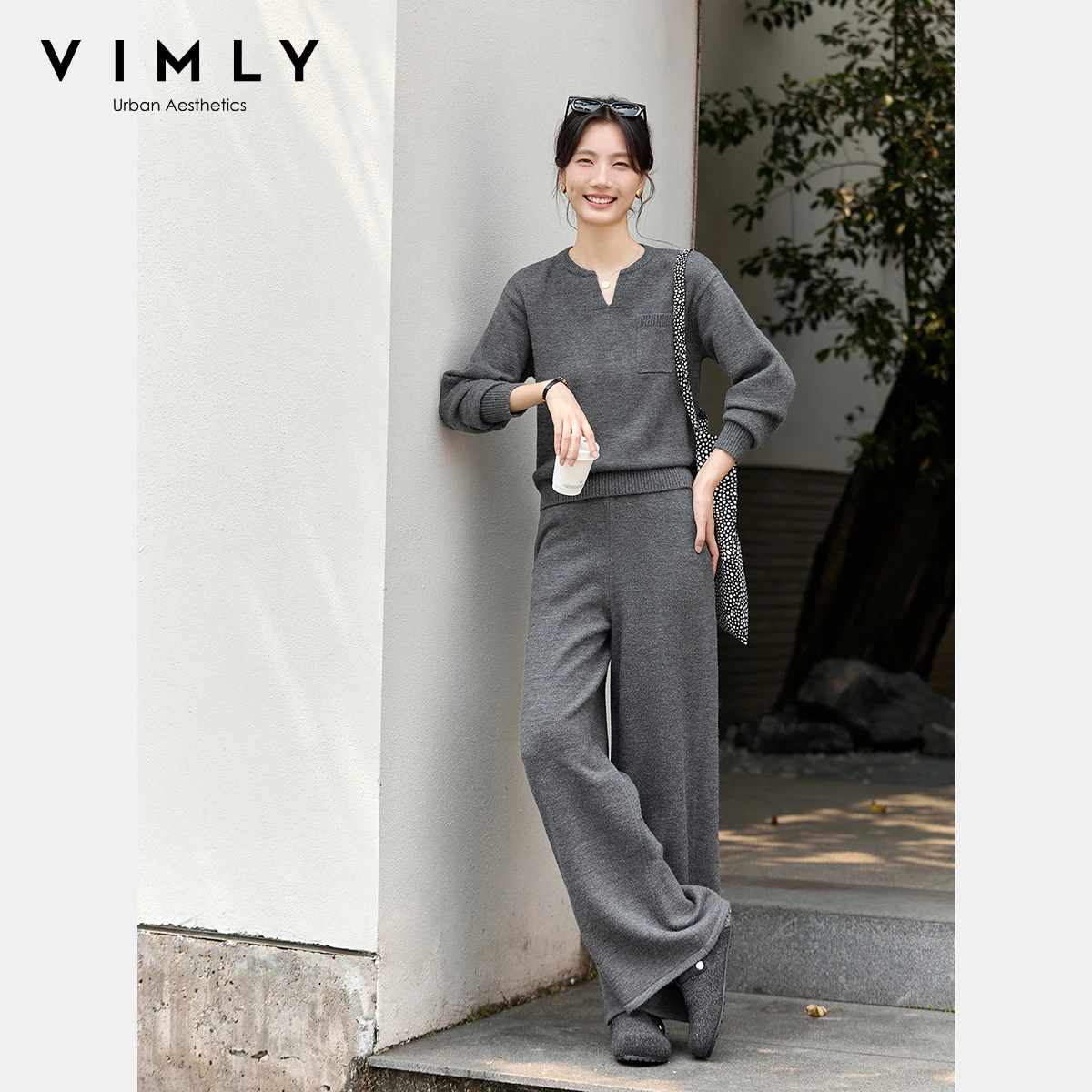 

Комплекты брюк VIMLY, женские комплекты из 2 предметов, осень 2024, повседневные вязаные серые топы с v-образным вырезом и карманами, широкие брюки, элегантный комплект из двух предметов 75216