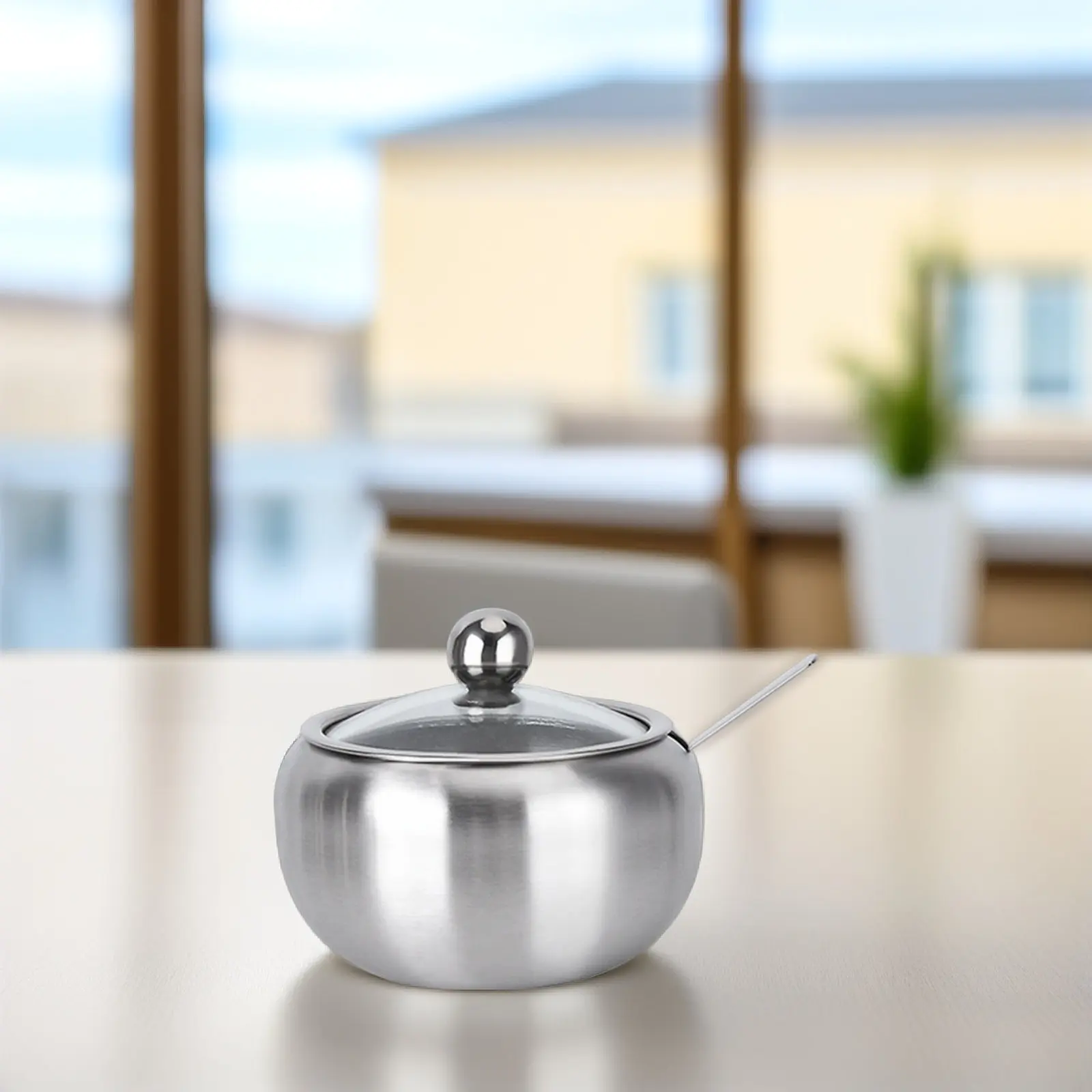 Premium 304 Stainless Steel Spice Jar Glass Top Condiment Jar with Integrated Spoon Kitchen Seasoning Box for Salt Sugar Pepper