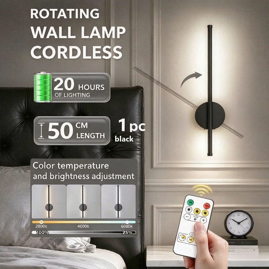 Wireless LED Wall Lamp 5V Rechargeable 50cm Wall Light with Remote Control Modern Bedroom Bedside Lamp Black