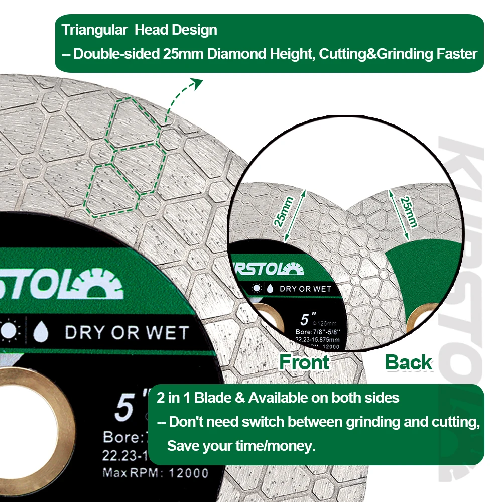 Imagem -03 - Kurstol-tile Cutting Grinding Disc Dry Grinding Disc Double-sided Triângulo Segmento Mármore do Granito Diamante Viu a Lâmina Cortar a Placa 115 mm 125 mm pc Pcs