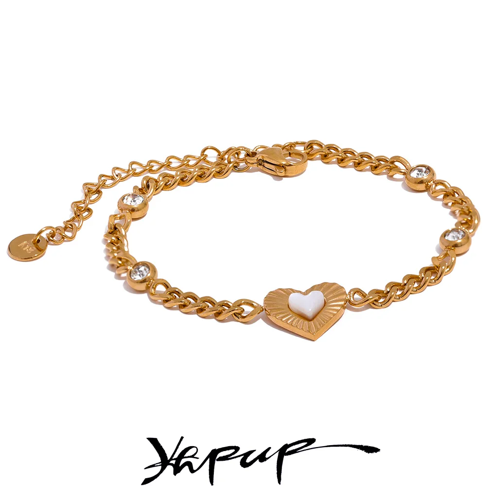 Yhpup Exquisite Heart Natural Shell Chain Stainless Steel Delicate CZ Bracelet Bangle for Women Waterproof Gold Color Jewelry