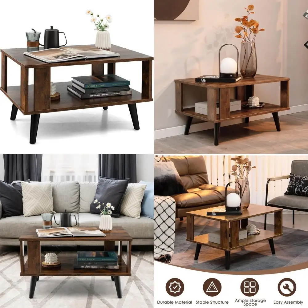 

Компактный двухуровневый деревянный журнальный столик с полкой для хранения и боковой перегородкой для небольших помещений, простая сборка