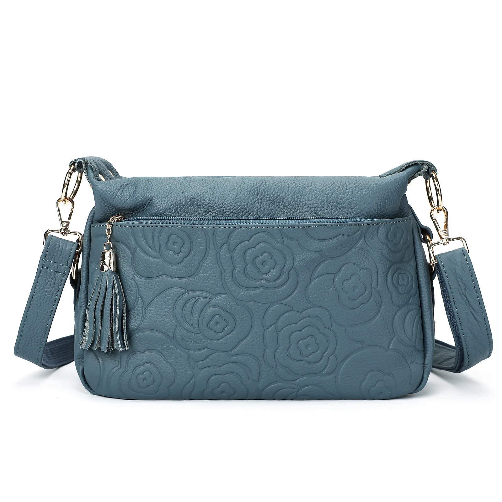 Genuine Leather Crossbody Bag With Embossed Rose Pattern Zipper Closure Shoulder Real Cowhide Handbag With Wide Strap For Women