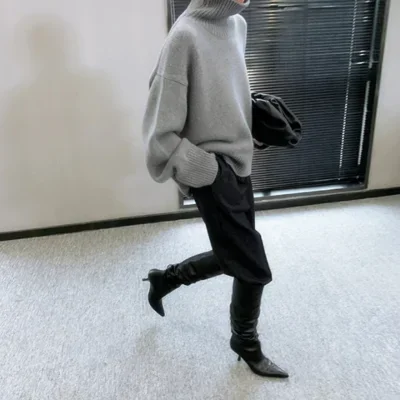 오버사이즈 풀오버 탑 카키 니트 스웨터 여성용 니트웨어 가을 솔리드 그레이 여성 터틀넥 긴팔 스웨터