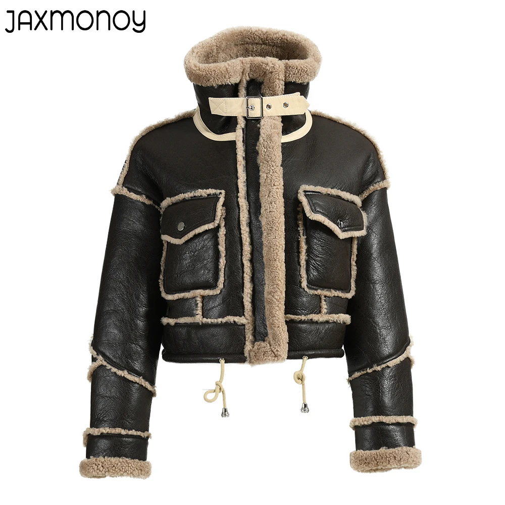 Jxwatcher Women Real Lamb Fur Jackets Winter Double Face Coats Lady Crop Jacket Thick Warm Genuine Leather 2022 New Arrivals