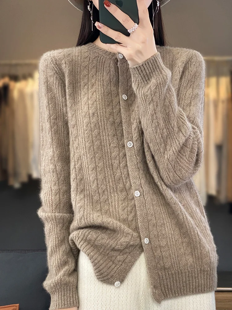 2024 New Women Cardigan Sweater High Quality 100% Merino Wool O-Neck Long Sleeve Cashmere Knitwear Spring Autumn Female Clothes