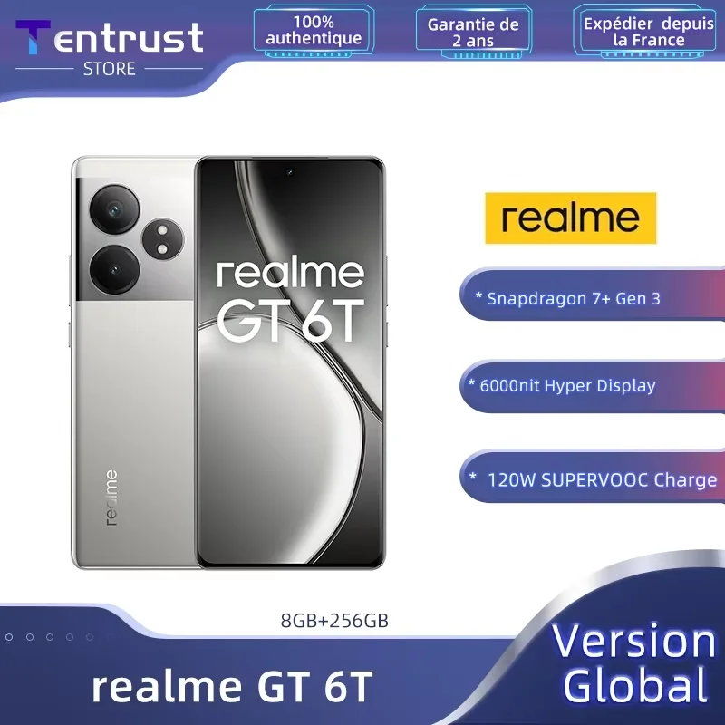 Version globale realme GT 6T 5G Smartphone 6000nit Hyper Display 120W SUPERVOOC Charge Snapdragon 7+