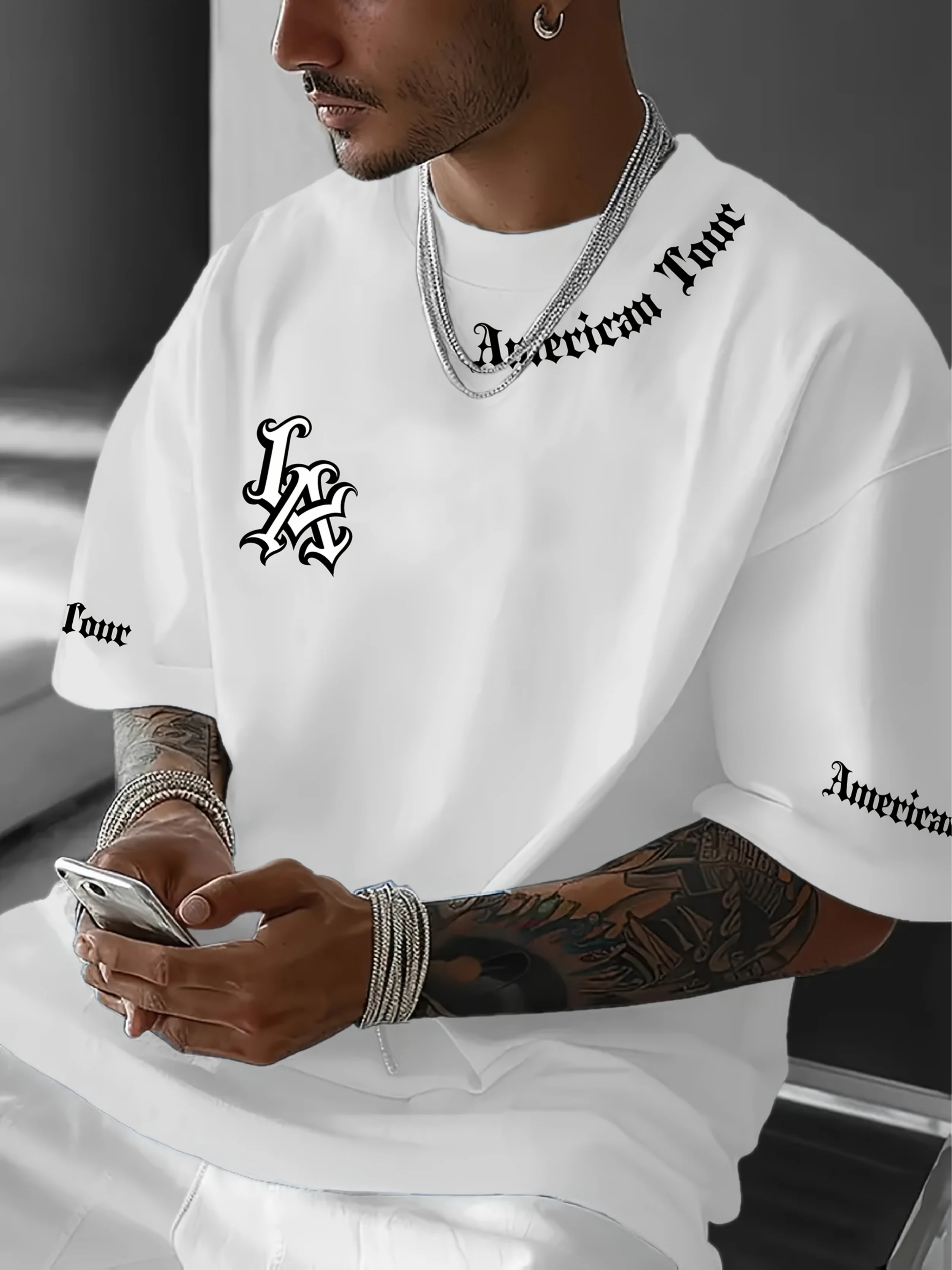 A Men's Casual T-shirt with A Simple Pattern Printed with LA Logo and American Letters for Spring and Summer Comfort