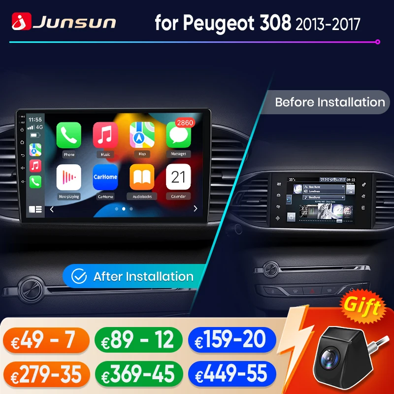 Junsun Android Auto Car Radio For Peugeot 308 2013 2014 2015 2016 2017 Multimedia Wireless CarPlay SWC GPS Navi RDS DSP FM