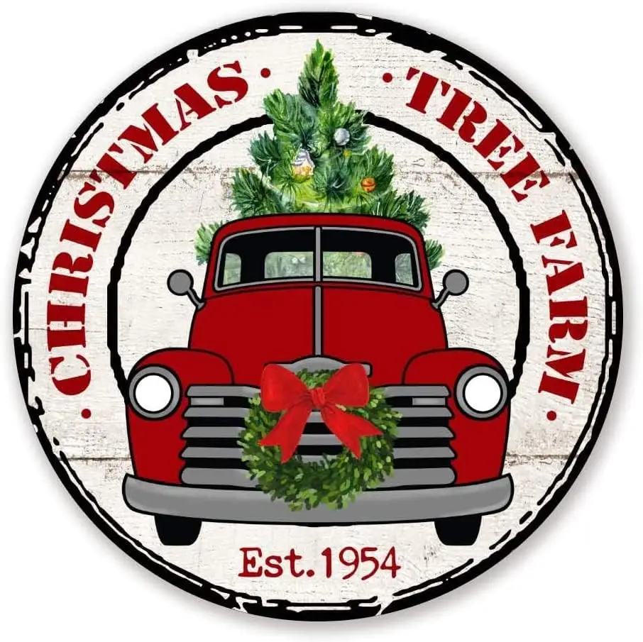 Krouterebs Round Tin Sign Christmas Tree Farm Wreath Metal Tin Sign Kitchen Pub Funny Novelty Coffee Bar 12x12 Inch Yard Garden