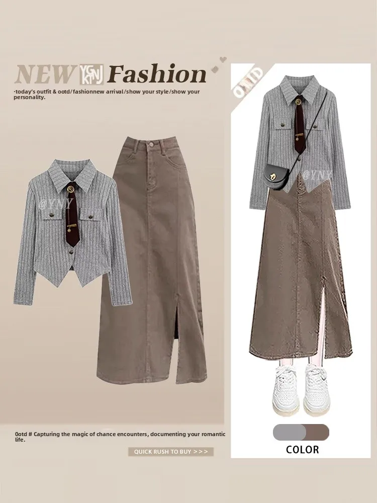 

Autumn Ne Long Sve irt Women's f-length Denim Skirt Set Faionable Casual Wear Long Sve Ne irt